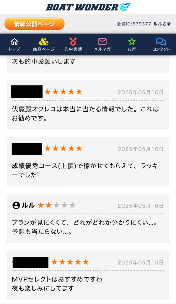 競艇予想サイト「BOAT WONDER」の会員の口コミページ