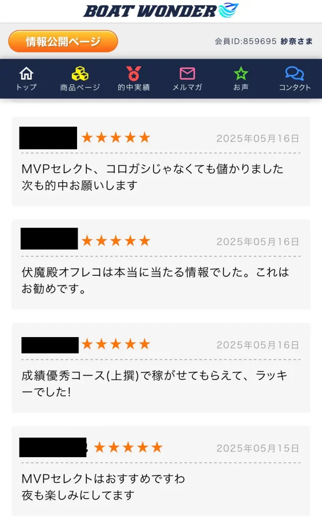 競艇予想サイト「BOAT WONDER」の会員の口コミページ