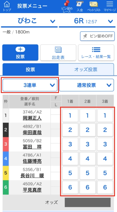テレボートの投票画面